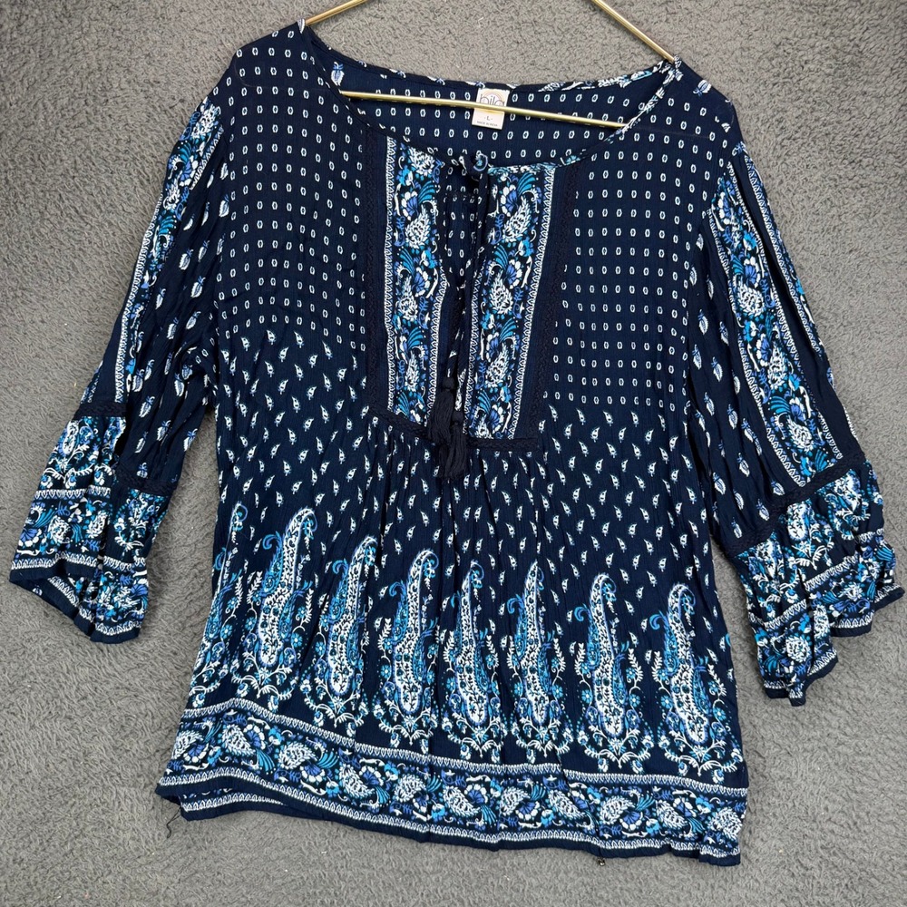 Bila Womens Navy Blue Paisley Boho Peasant Blouse Tassel Tie V-Neck Large